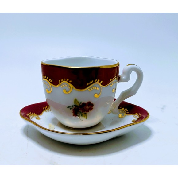 Vintage Past Times Miniature Teacup and Saucer Demitasse Porcelain Flowers Red - Picture 3 of 5